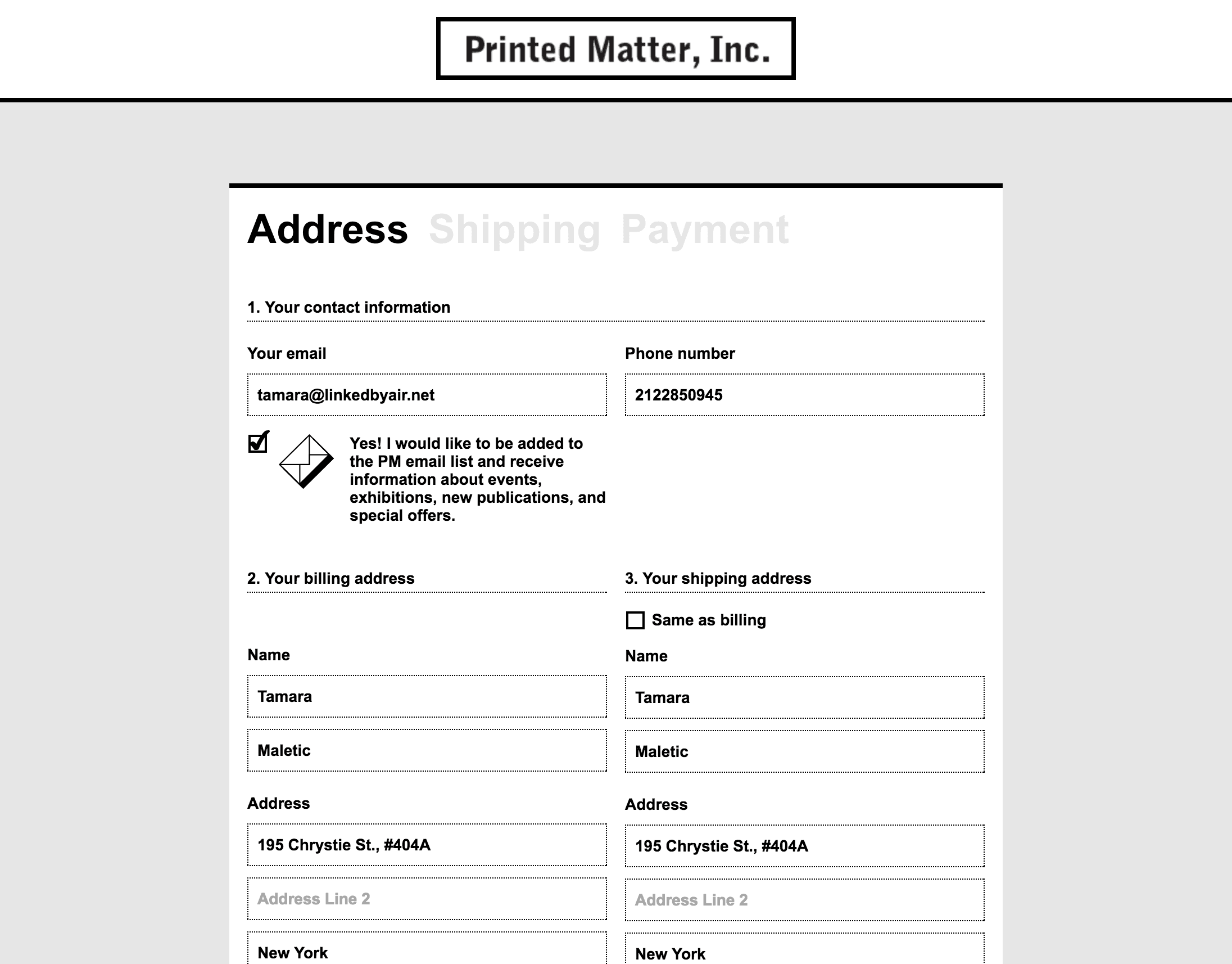 Screenshot of the "address" step of the checkout flow on desktop