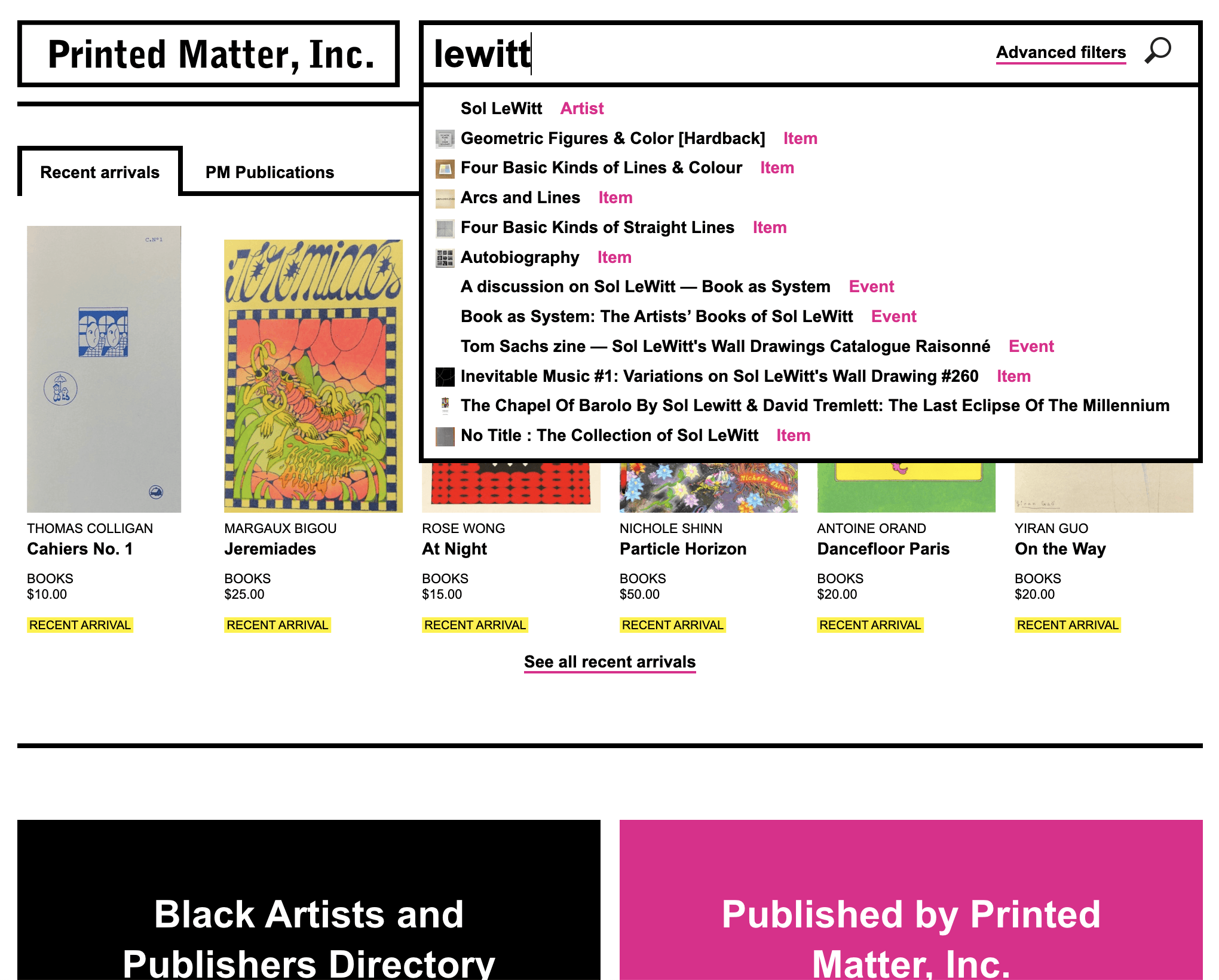 Screenshot of Printed Matter's homepage with a search in progress, showing many autocomplete suggestions